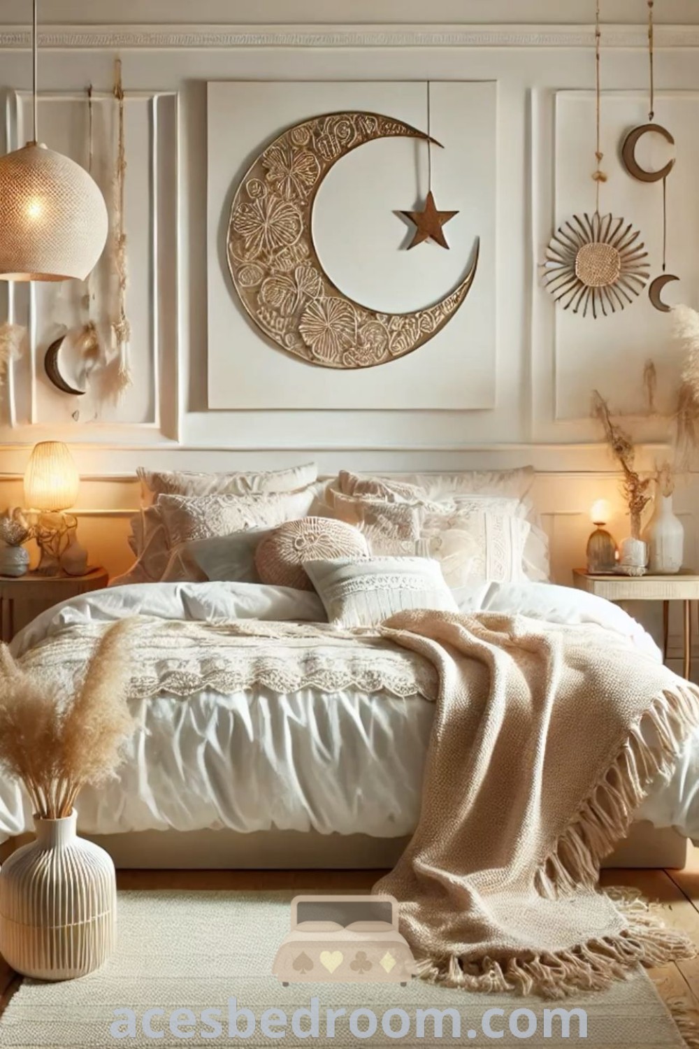 A cozy boho bedroom with white walls, wooden flooring, and neutral decor featuring feathers on the bed, embodying a stylish and calming atmosphere. Discover unique design ideas for your home at acesbedroom.com.