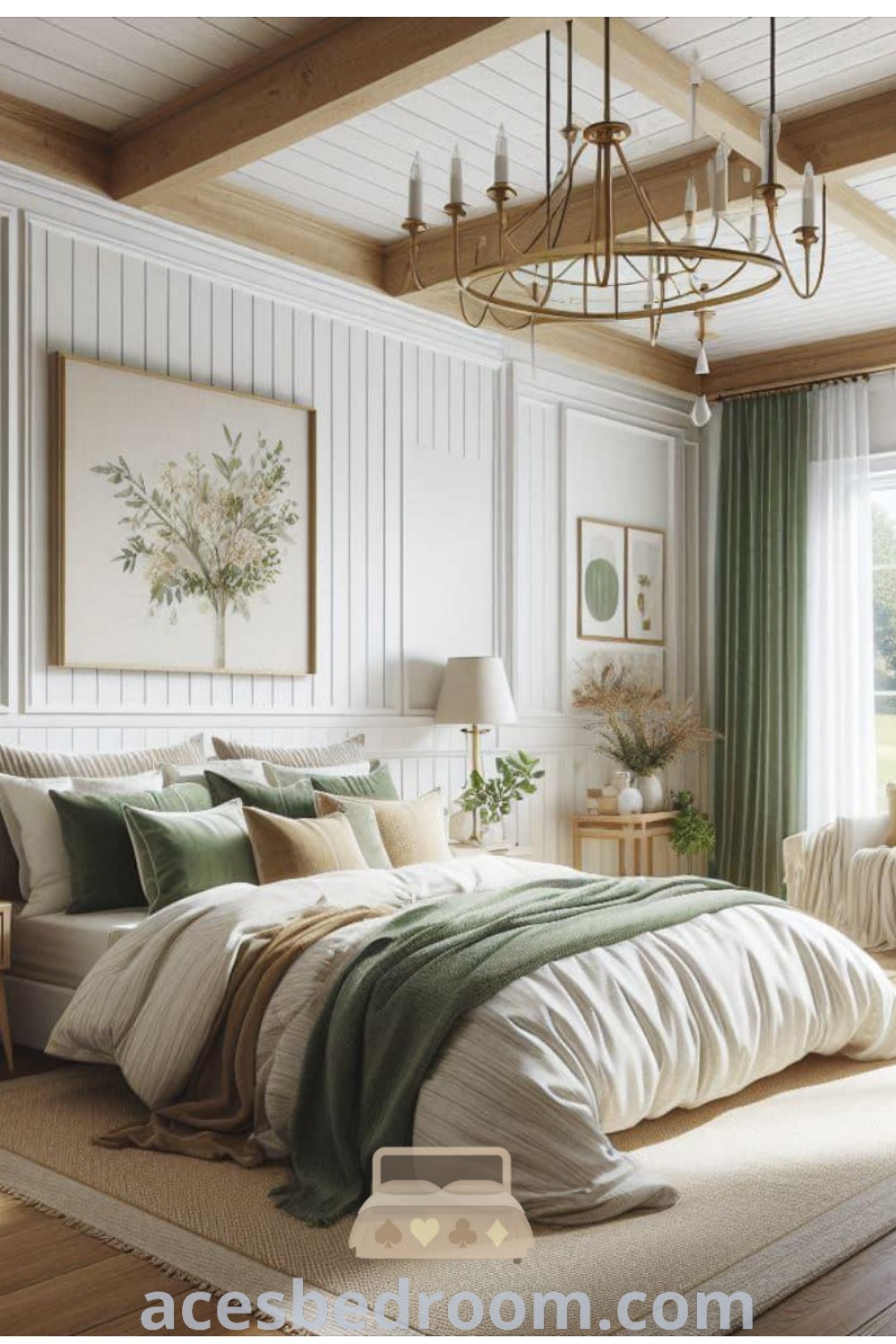 A cozy bedroom with light blue decor, white walls, and wood flooring showcases a large bed at the center, perfectly blending romantic and European design styles. Ideal for couples, this space offers stylish decor ideas and inspirations for a warm, sophisticated look. For more unique design ideas, visit acesbedroom.com.