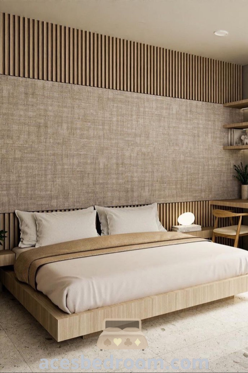 A serene Japandi bedroom showcasing a large bed next to a window with beige walls and flooring, embodying Japanese style decor ideas. This cozy home space inspires tranquility and sophistication, perfect for a Zen living ambiance. Find more design ideas at acesbedroom.com.