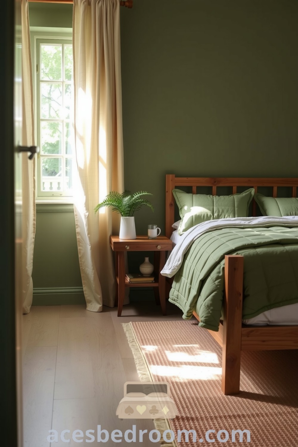 Cozy nature bedroom featuring soft earthy greens, a handcrafted wooden bed frame, an organic cotton quilt, and a potted fern by the window, creating a serene and inviting atmosphere, showcased on acesbedroom.com.