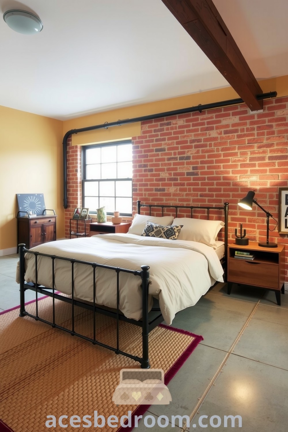 Cozy industrial bedroom featuring warm beige walls, exposed brick, polished concrete, a metal bed frame with a linen duvet, vintage nightstands, and a factory lamp, designed for a warm and sophisticated look, showcased on acesbedroom.com.