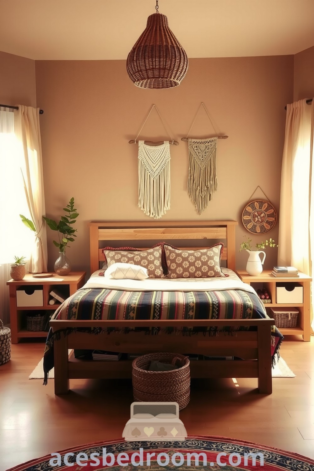 Cozy boho bedroom featuring a wooden bed with a handmade quilt, mismatched reclaimed wood nightstands, woven baskets, and macramé wall hangings, beautifully illuminated by sunlight filtering through sheer curtains, presented on acesbedroom.com.