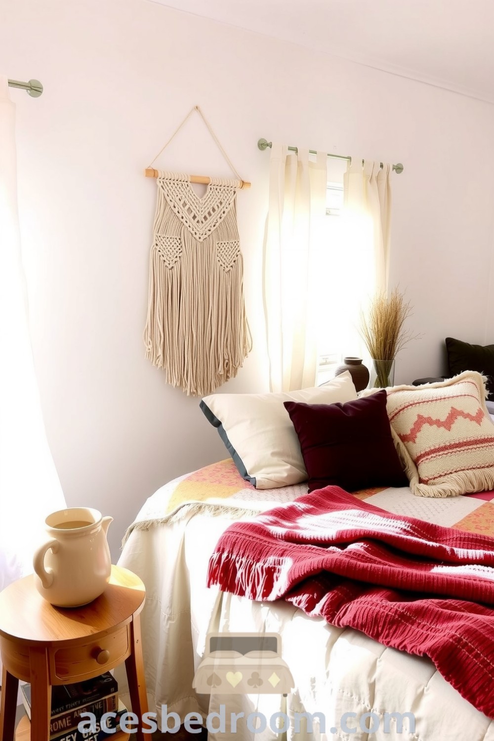 Cozy boho bedroom featuring white walls, macramé wall hanging, patchwork quilt, textured throw pillows, wooden bedside table, and ceramic lamp, creating an inviting atmosphere, featured on acesbedroom.com.