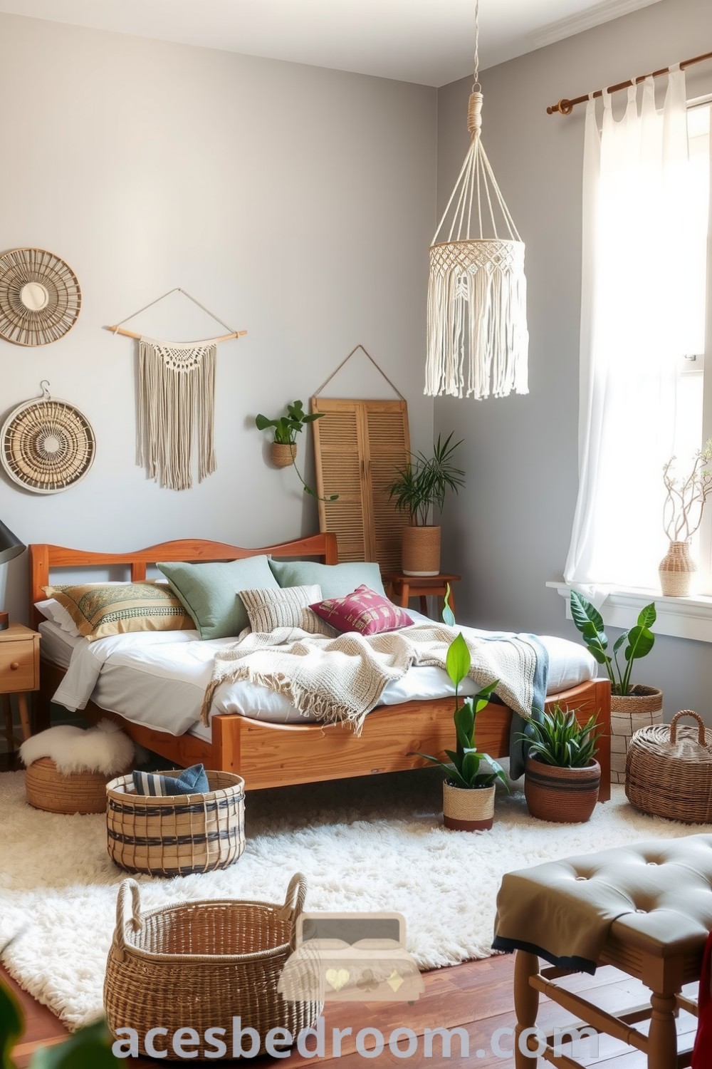 Cozy boho bedroom featuring soft grey walls, a wooden bed frame adorned with mismatched cushions and a textured throw, woven baskets with plants, and a macramé hanging over a sunny window, all showcased on acesbedroom.com.