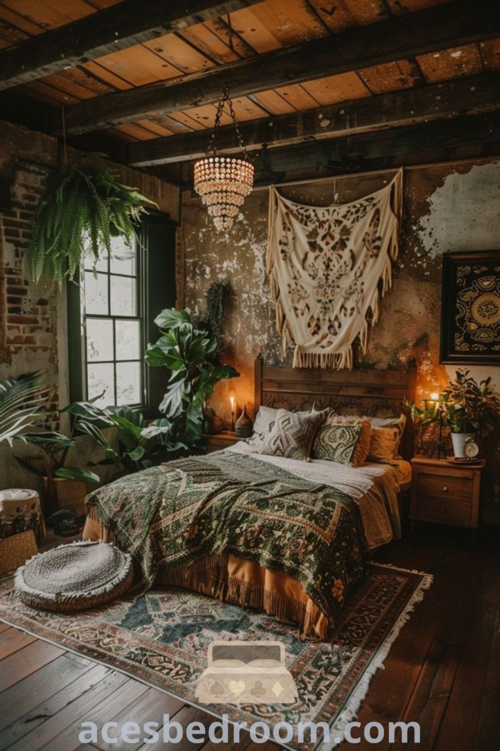 A dark green boho bedroom featuring a neatly made bed with greenery on the walls, embodying a cozy aesthetic with stylish design ideas. This inspiring space blends nature and comfort, providing unique decor inspirations for your home. Explore more ideas for your haven at acesbedroom.com.