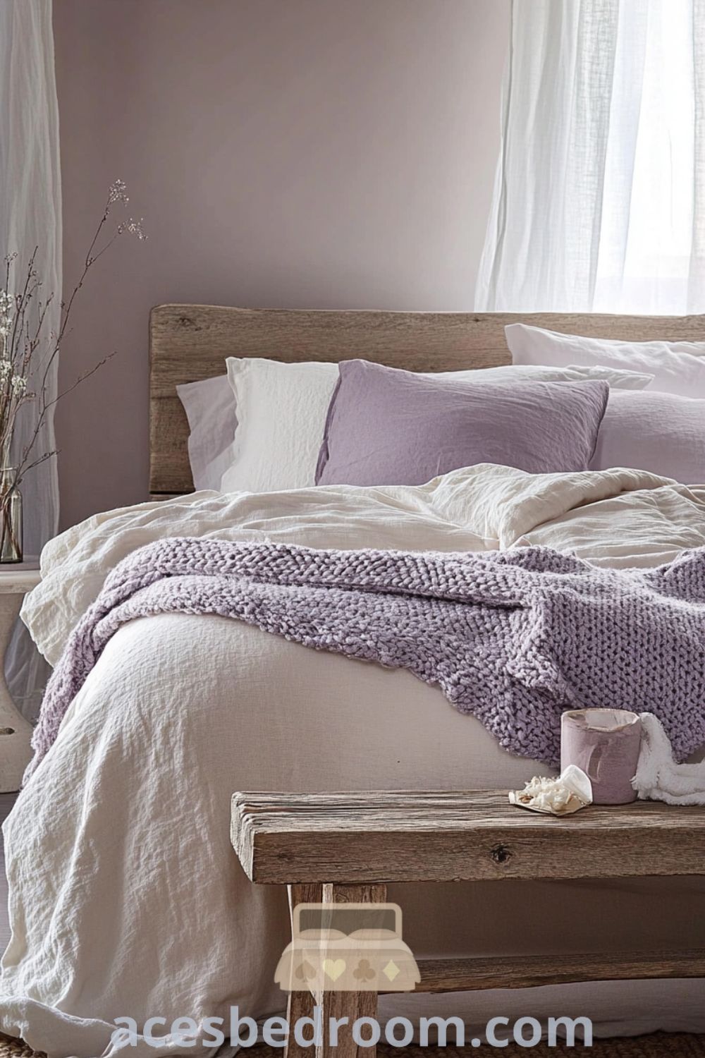Cozy French country bedroom on acesbedroom.com featuring soft lavender walls, beautifully weathered wooden bed, cozy ideas, and charming decor inspirations.