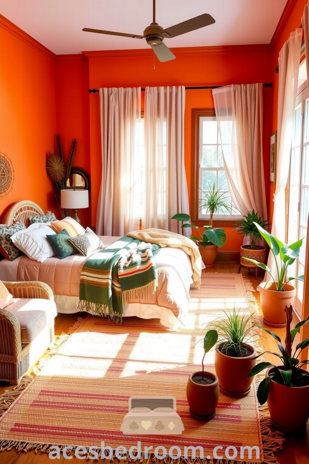 Cozy boho bedroom with warm orange walls, textured throws, patterned pillows, and a rattan chair, enhanced by plants in terracotta pots, creating a vibrant and inviting atmosphere, perfect for inspiration on acesbedroom.com.