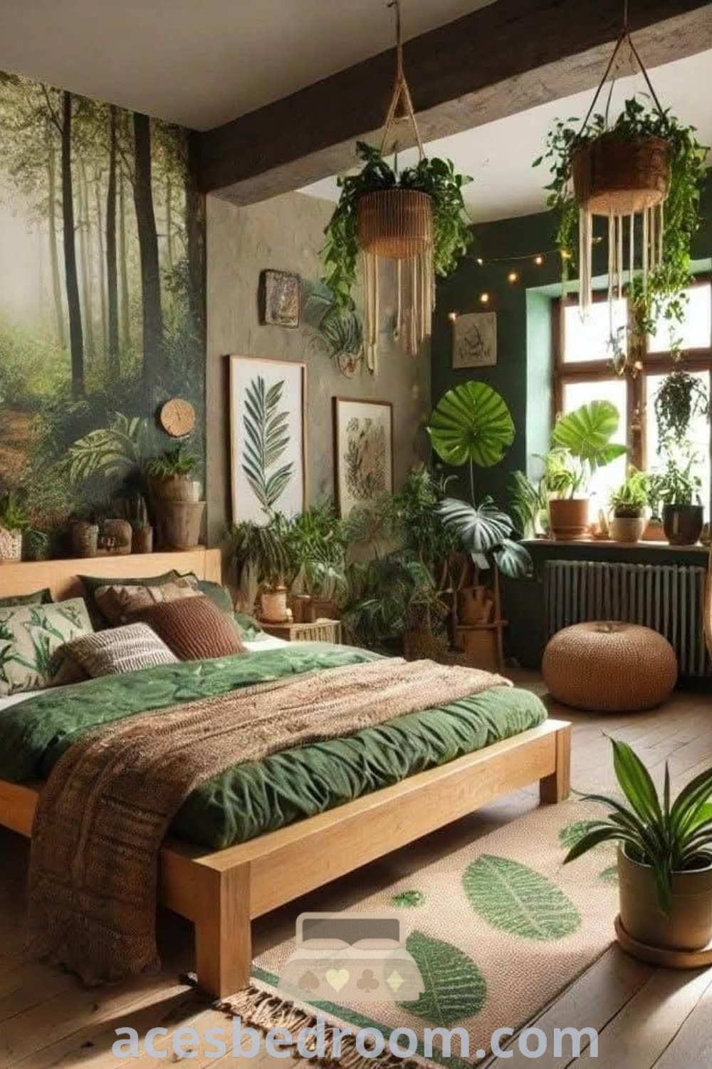 A serene and inviting Zen guest room featuring a neatly made bed, surrounded by abundant plants, representing Earth vibes and forest bedroom ideas. This cozy aesthetic room blends nature and comfort, offering design ideas to make your haven. Discover more inspiring decor ideas at acesbedroom.com.