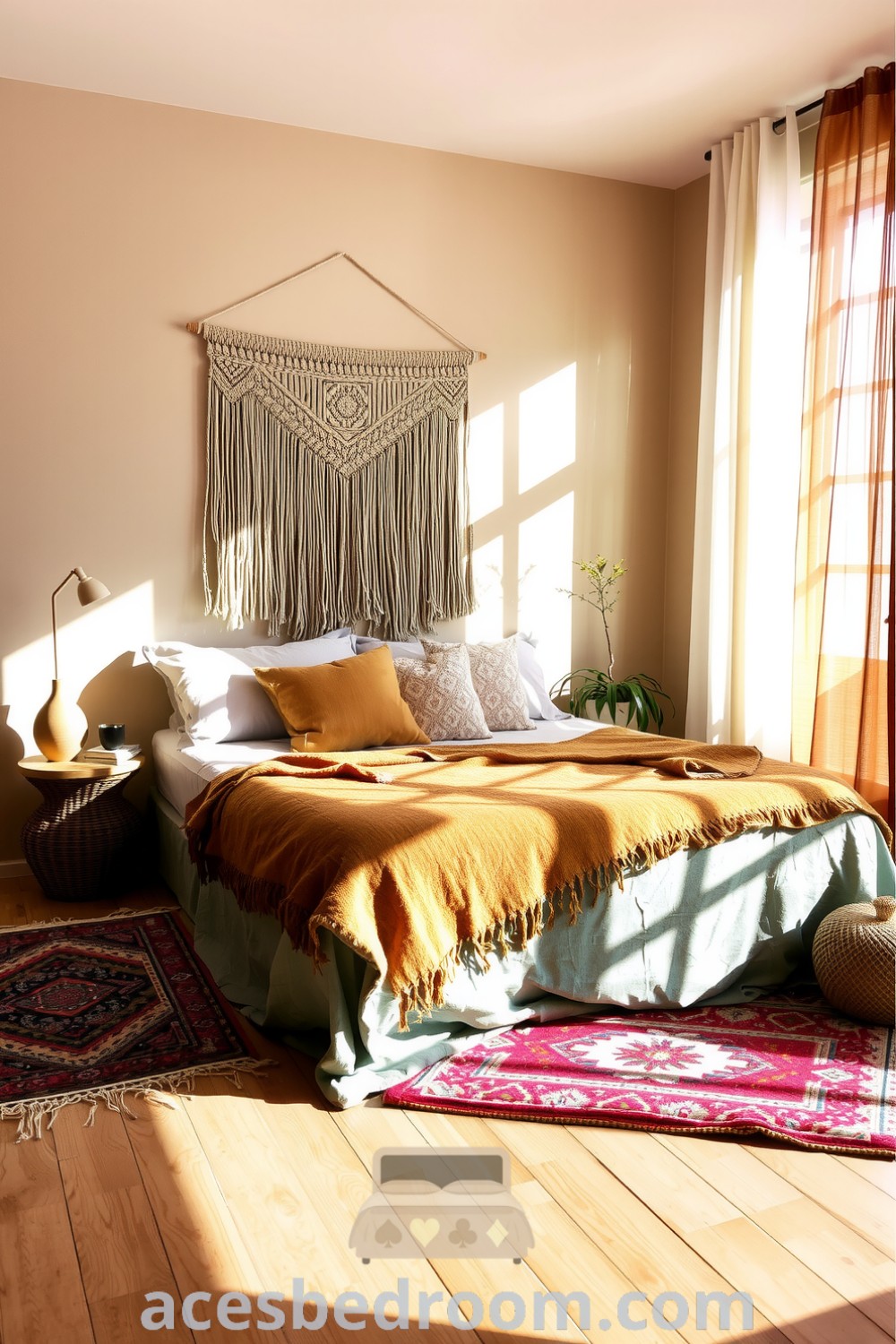 Cozy boho bedroom with beige walls, macramé wall hanging, layered earth tone throws and pillows, worn wooden floor, vibrant handmade rug, and flowing sheer curtains, creating a welcoming atmosphere, featured on acesbedroom.com.