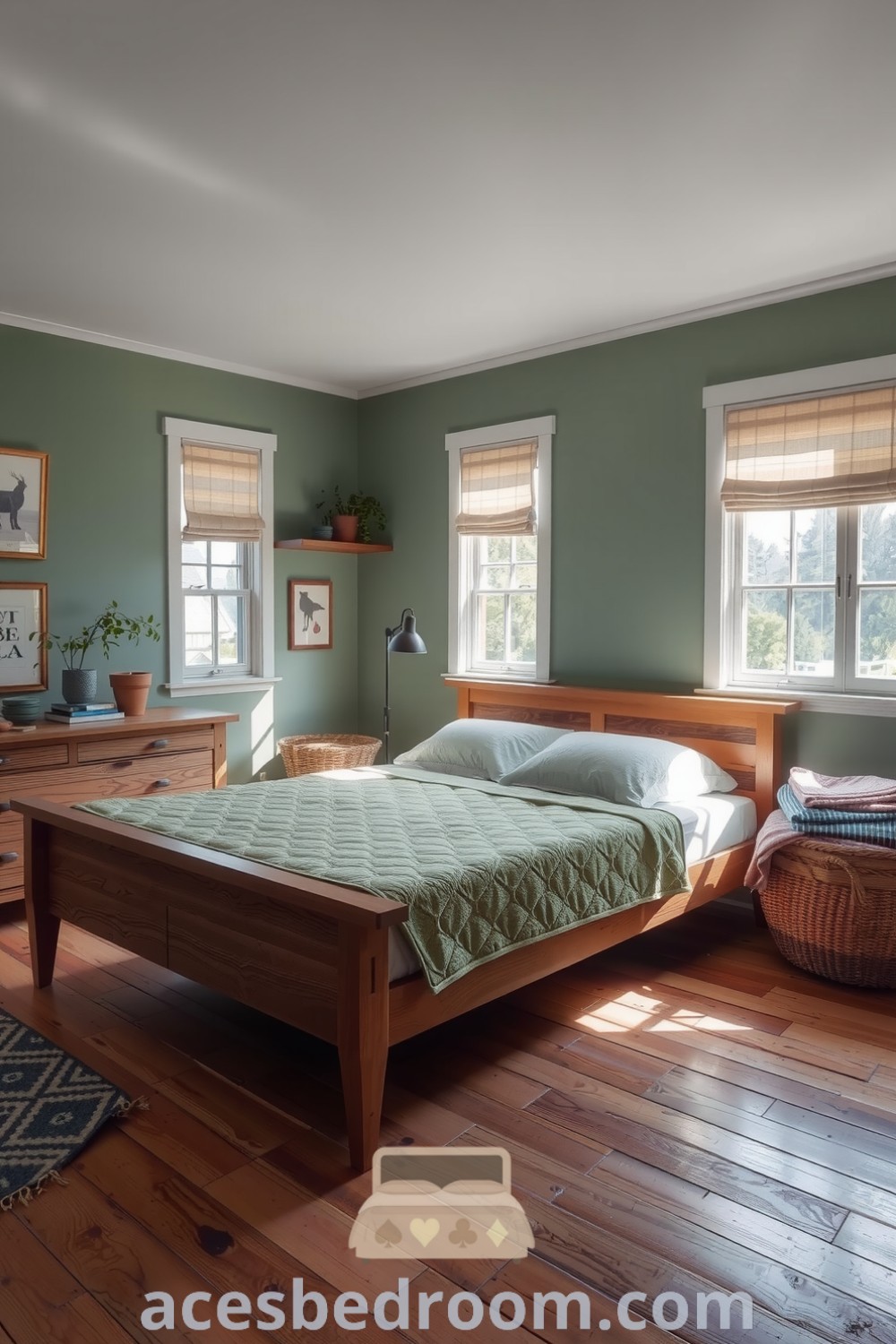 Cozy nature-inspired bedroom featuring soft green walls, a handcrafted oak bed with a mossy green quilt, natural light, potted plants, and cozy throws, ideal for a serene and inviting atmosphere, showcased on acesbedroom.com.