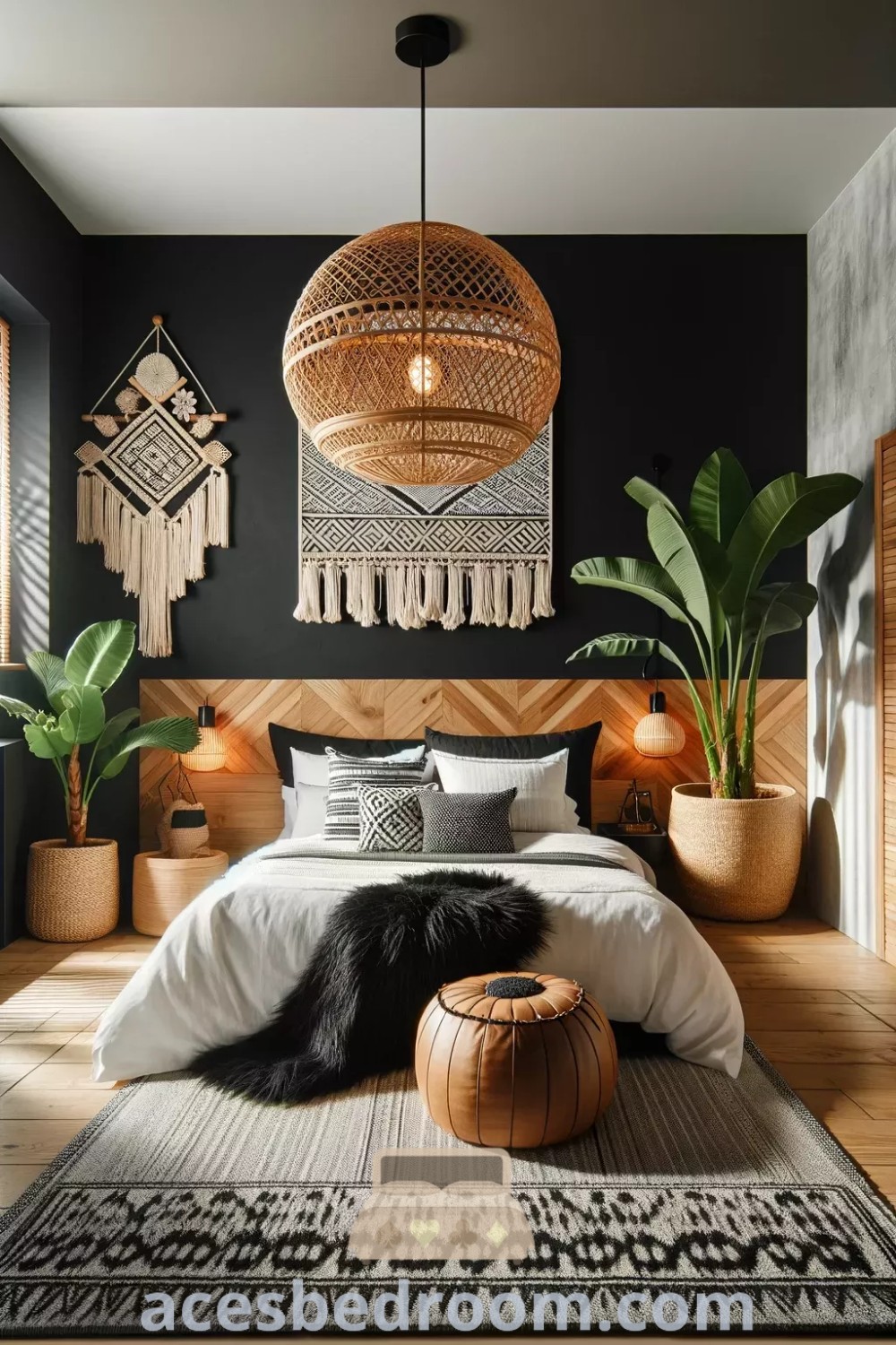 A cozy bedroom with black walls and white bedding, showcasing black boho interior design and stylish decor ideas. This high contrast bedroom features inspiring elements like Bohemian plants, perfect for a warm and inviting atmosphere. Explore more unique ideas for your home at acesbedroom.com.