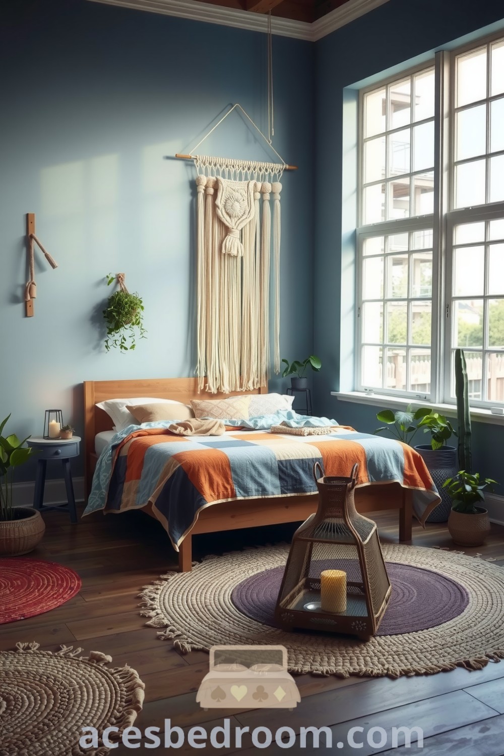 Cozy boho bedroom showcasing soft blue walls, a weathered oak bed frame, a patchwork quilt, macramé wall hanging, potted plants, and rustic lanterns, providing a warm and sophisticated look, ideal for relaxation, available on acesbedroom.com.