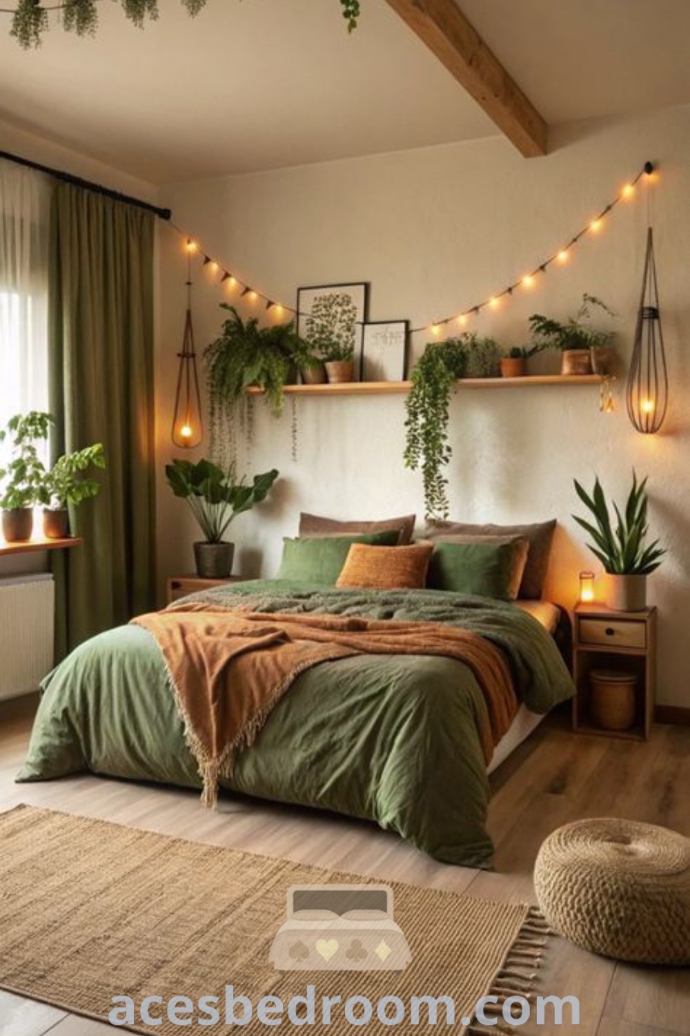 A cozy bedroom decorated with plants and soft lighting, featuring a stylish plant shelf above the bed and showcasing the Plant Reading Room Aesthetic. This relaxing boho bedroom offers unique and inspiring decor ideas for those seeking a comfortable and earthy atmosphere. Discover more at acesbedroom.com.