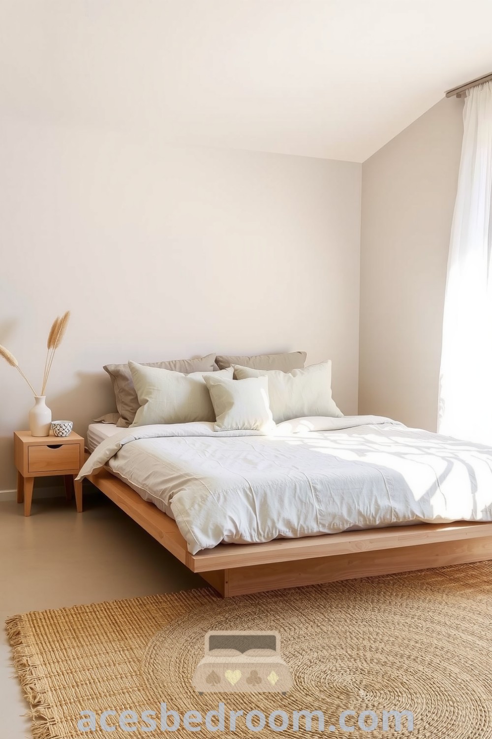 Cozy Japandi bedroom design featuring beige walls, light oak platform bed, soft linen bedding, woven jute rug, and minimalist decor for a warm and sophisticated look, featured on acesbedroom.com.