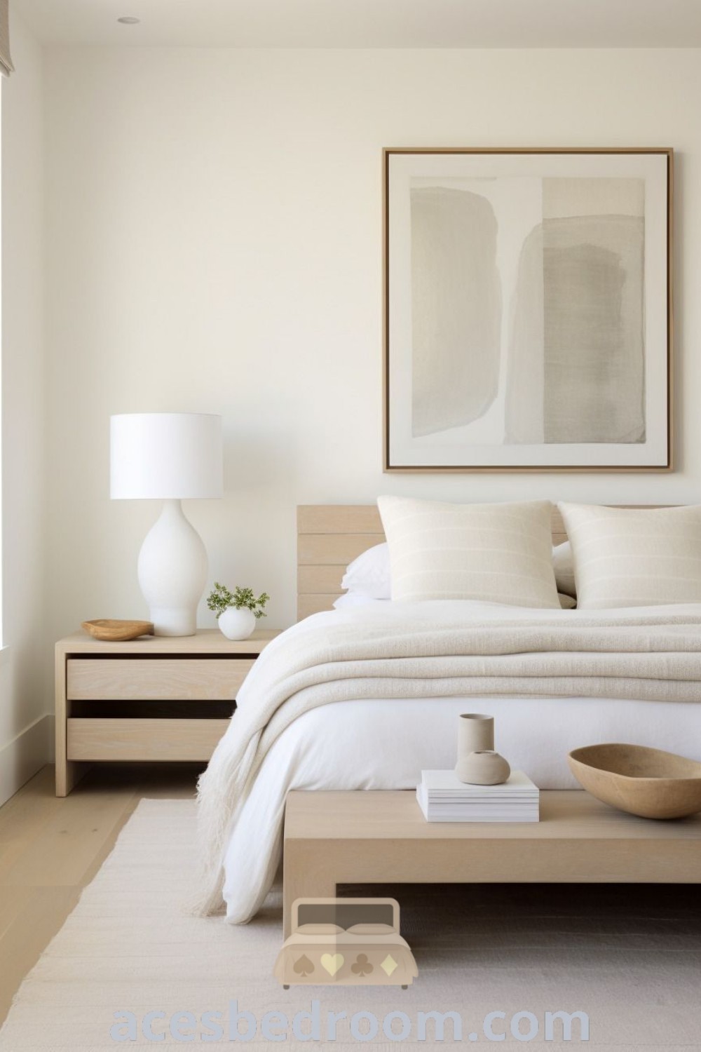 A modern bedroom with white sheets and pillows, featuring a painting on the wall, showcasing simple bedroom decor and neutral tones. This design inspires cozy aesthetics and offers stylish ideas for a warm and inviting space. Explore more stylish decor ideas at acesbedroom.com.
