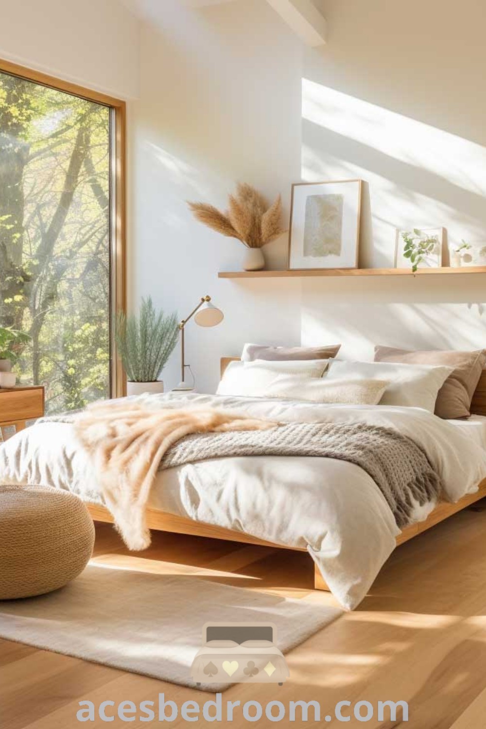 A Japanese and Scandinavian inspired bedroom featuring wood floors and white walls, showcasing minimal bedroom design ideas and soft textiles. This inviting space reflects a cozy aesthetic, providing design inspirations for a warm and sophisticated look. Discover more stylish decor ideas at acesbedroom.com.