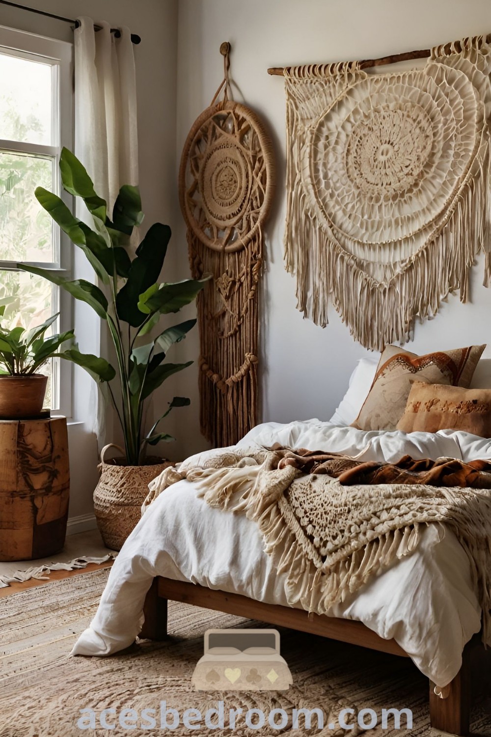A cozy bohemian bedroom showcasing a large bed next to a window with potted plants, complemented by a rattan headboard, highlighting boho chic decor inspirations and design ideas for a warm and stylish home. Visit acesbedroom.com for more cozy ideas and unique inspirations.