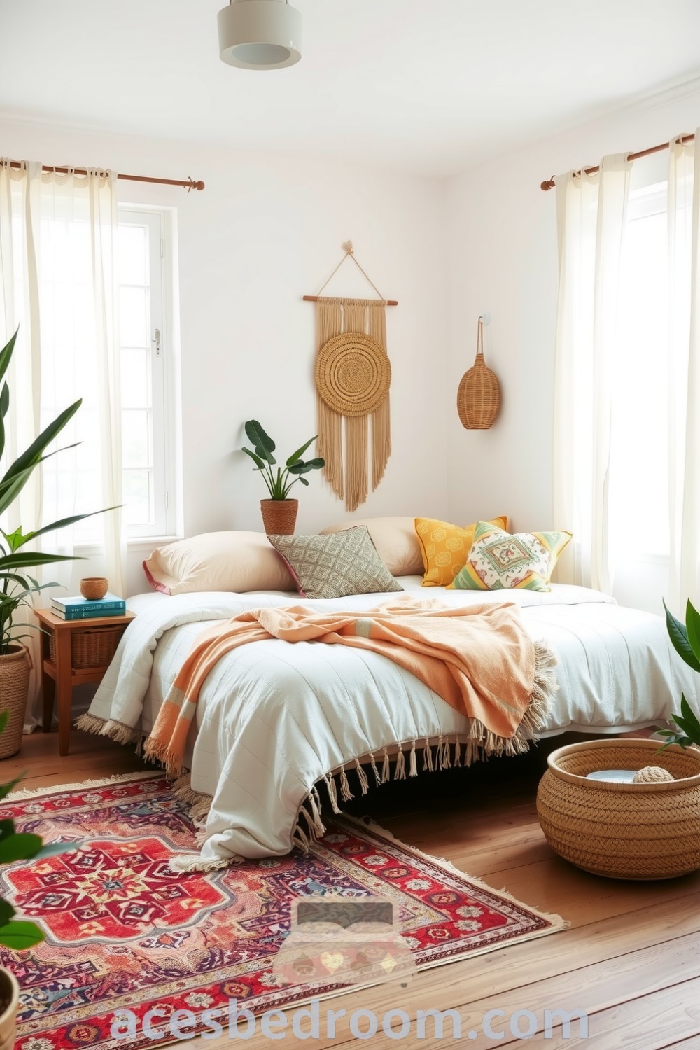 Cozy Boho bedroom featuring white walls, oversized bed with textured blankets and colorful pillows, rattan accents, potted greenery, and intricately patterned rug for a warm and inviting aesthetic, displayed on acesbedroom.com.