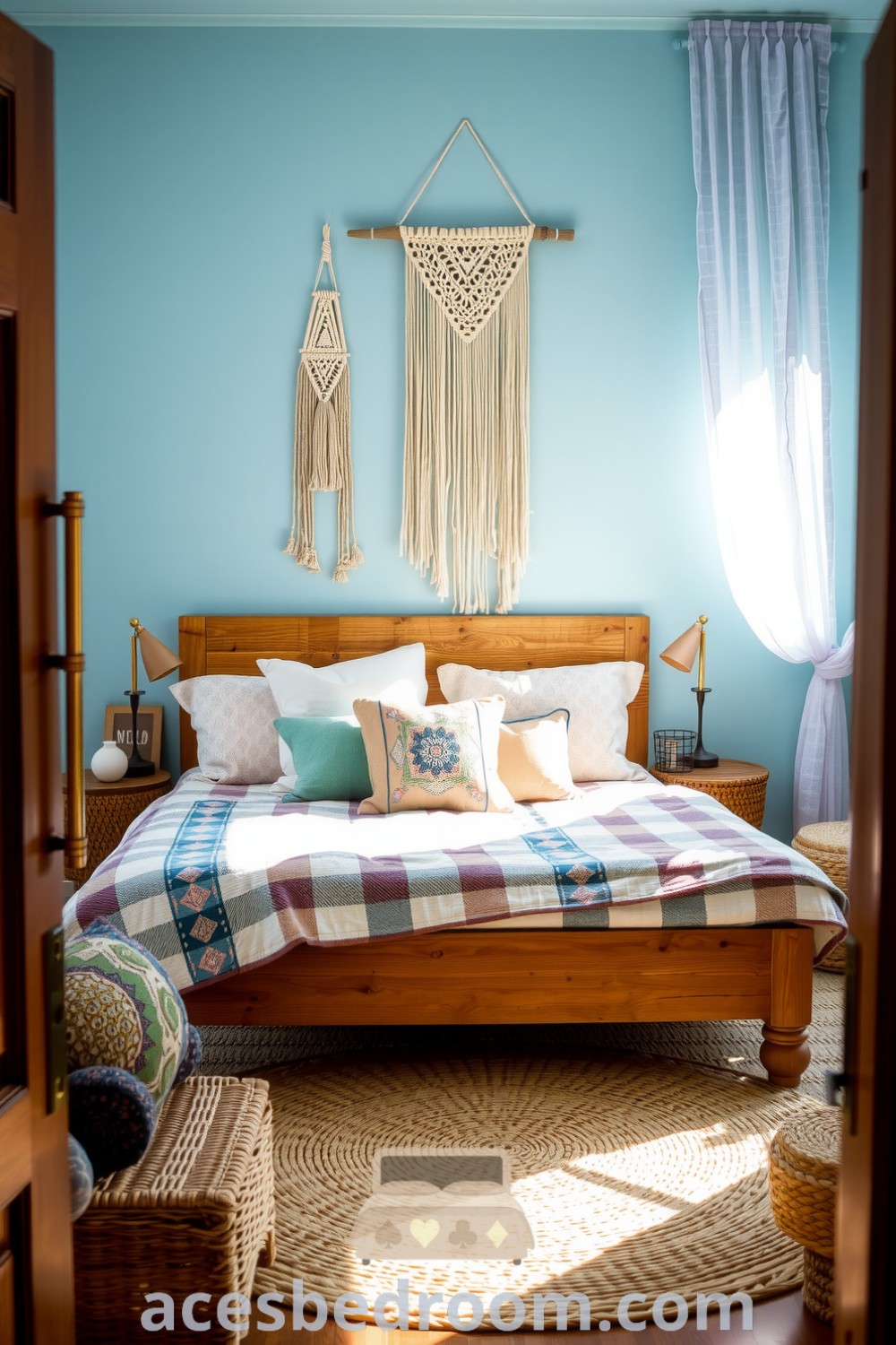 Cozy boho bedroom featuring soft blue walls, a handcrafted wooden bed with a layered quilt and patterned pillows, jute rug, macramé wall hangings, and sheer curtains, showcased on acesbedroom.com.