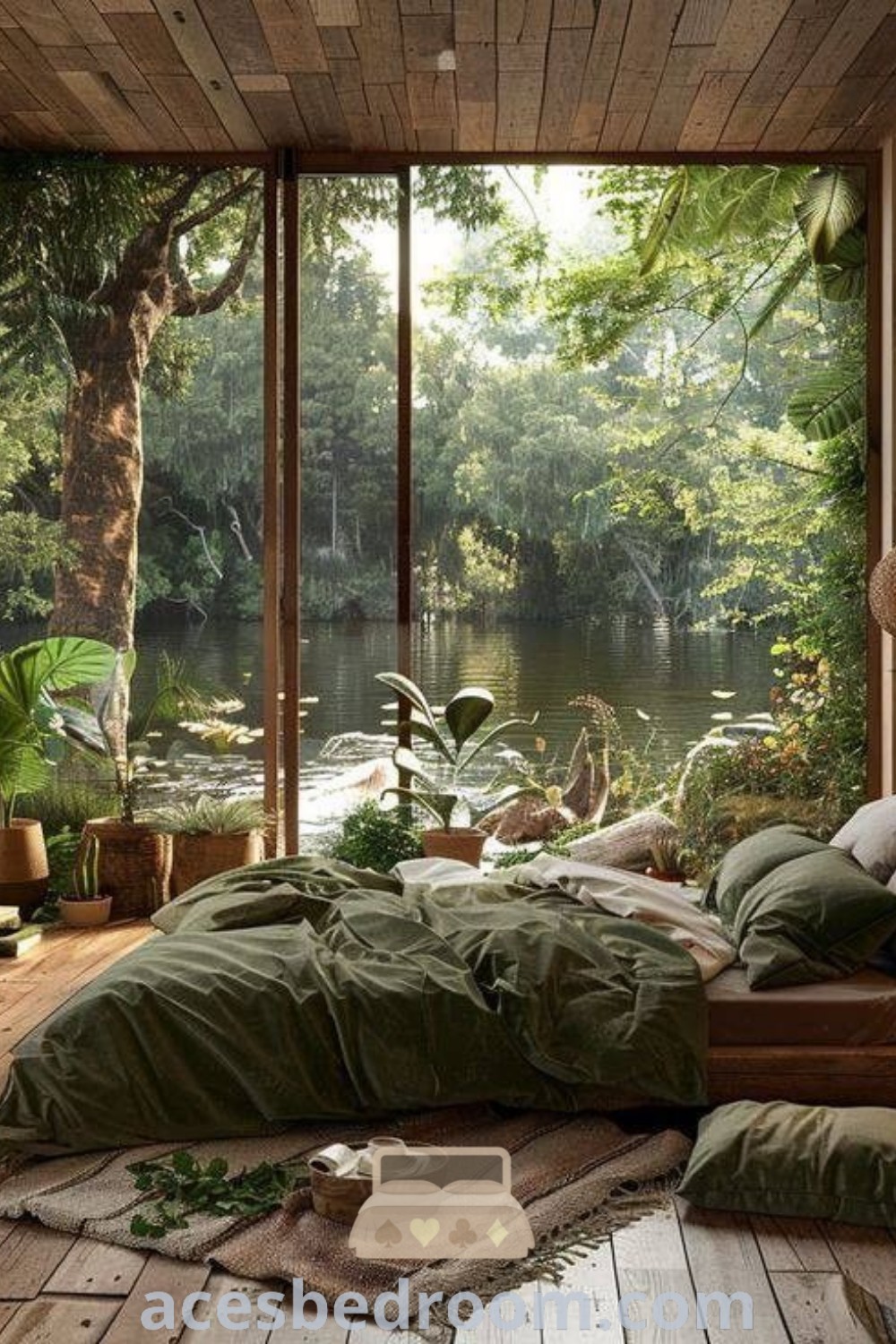A serene bedroom with wooden floors and plenty of plants, showcasing earthy room inspiration, natural interior design techniques, and green room decor ideas. This cozy space highlights decorating ideas from acesbedroom.com that enhance comfort and style, making it a perfect retreat for relaxation.