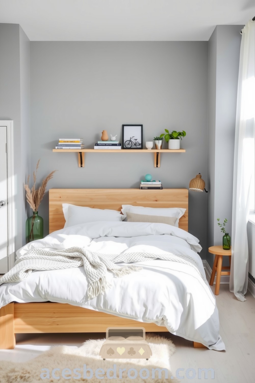 Cozy Scandinavian bedroom featuring soft gray walls, light oak bed frame, fluffy white duvets, textured throws, minimalistic wooden shelves with plants and books, and a cozy sheepskin rug, designed for a warm and sophisticated look, showcased on acesbedroom.com.