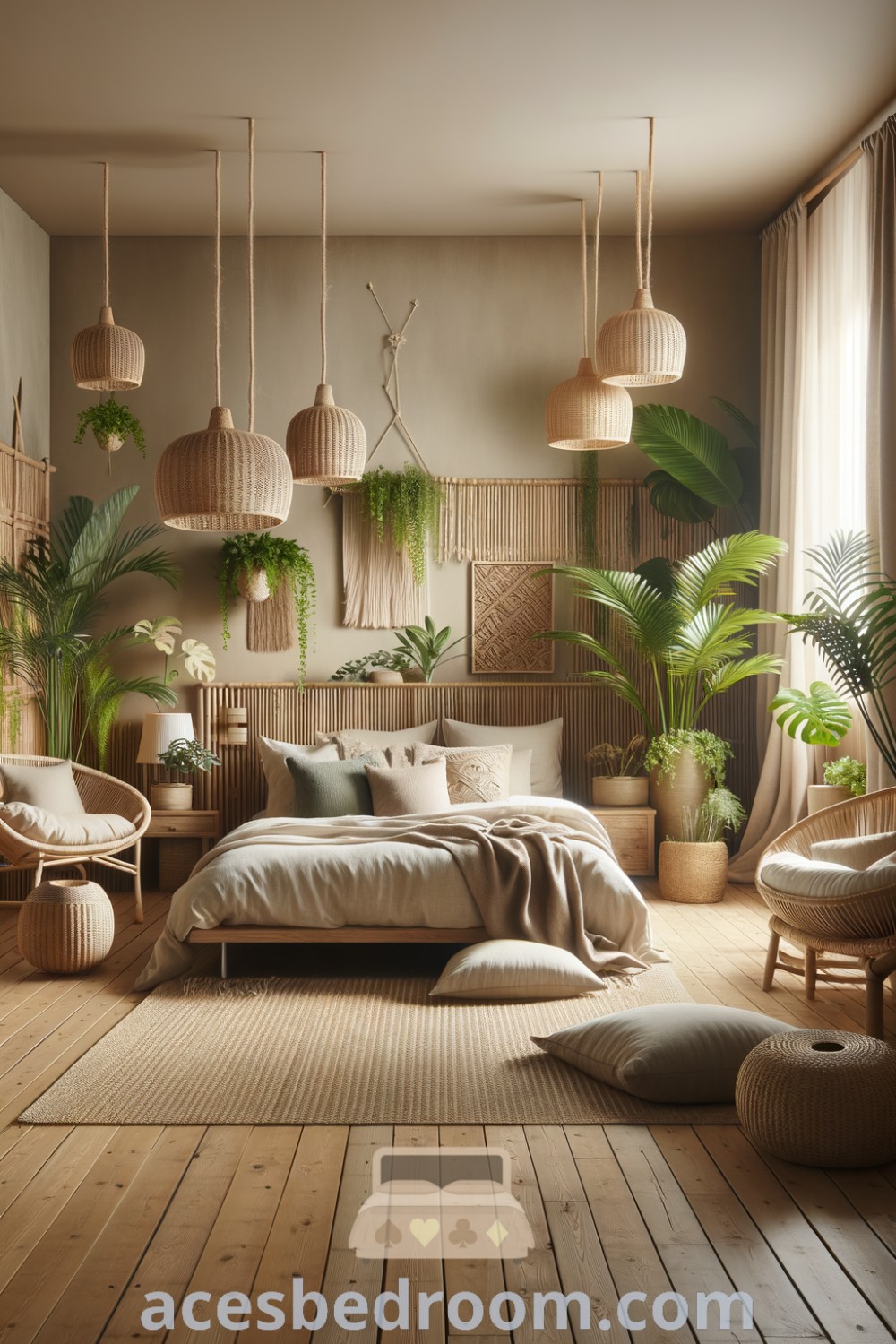 A cozy biophilic bedroom showcasing natural decor elements like a low wooden bed, indoor plants, bamboo accents, wicker headboard, and light curtains, offering stylish design ideas for a warm and sophisticated look. Discover more inspiring ideas for your home at acesbedroom.com.