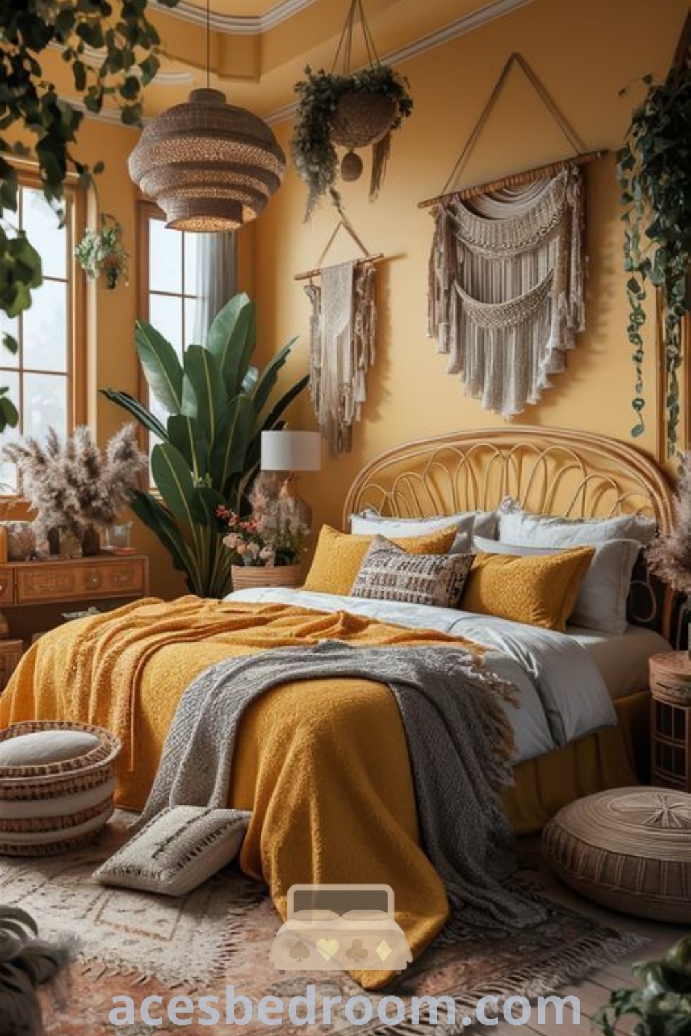 A cozy bedroom decorated in yellow and grey, featuring plants on the walls, plush bedding, and soft rugs that create a warm and inviting atmosphere. This design showcases yellow wall bedroom ideas and inspirations for a chic and stylish space. Explore more decor ideas for your home at acesbedroom.com.