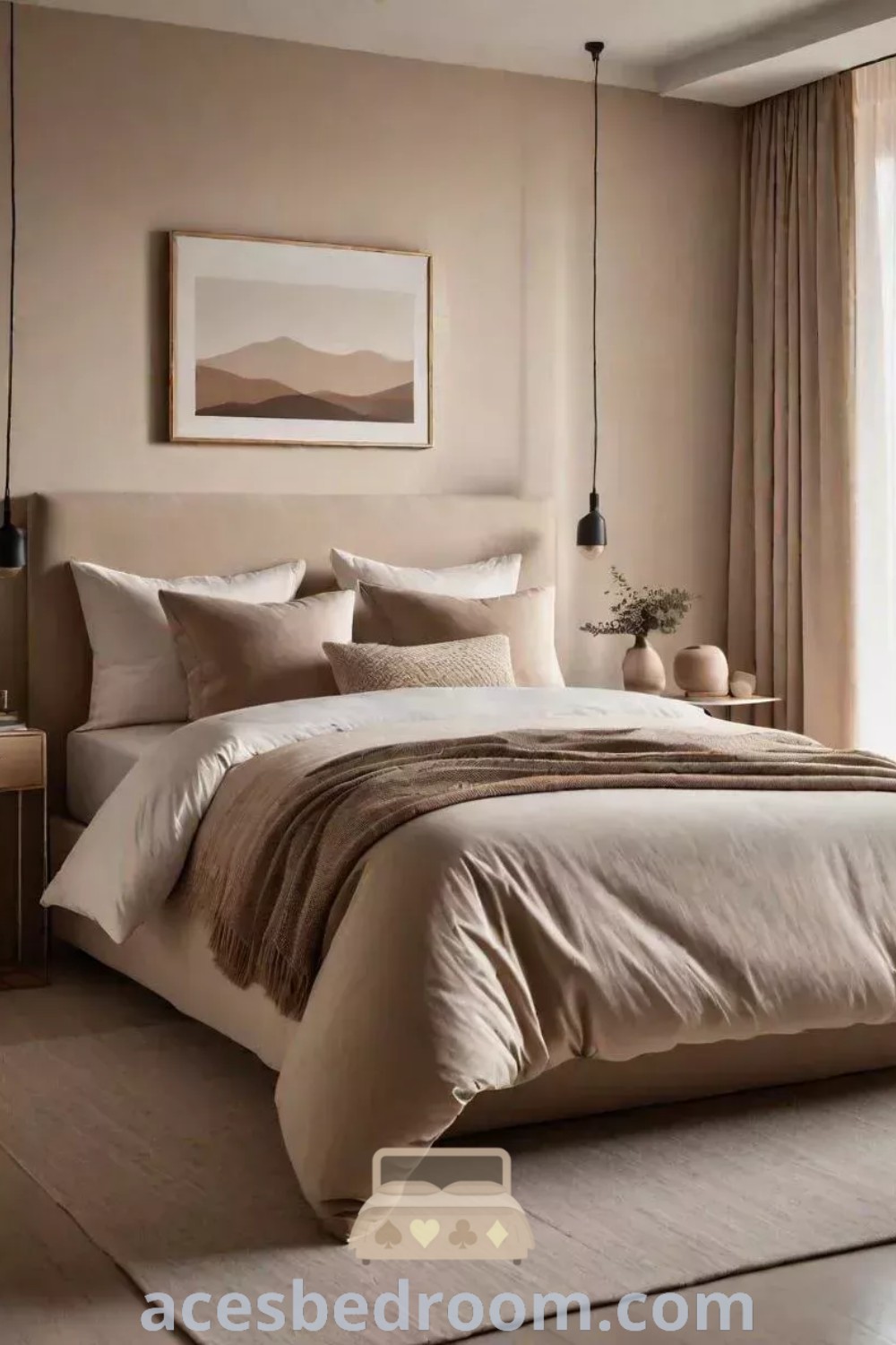 A cozy bedroom scene featuring a full-size bed by a window with curtains, showcasing eco-friendly bedroom decor ideas. This inviting space combines minimalist design with beige tones, offering inspiring ideas for stylish and comfortable apartment bedroom decor. Discover more design inspirations at acesbedroom.com.