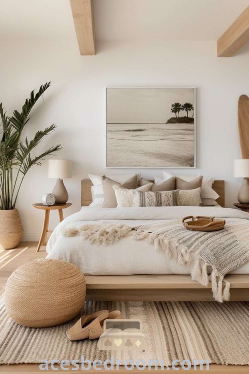 A modern Feng Shui bedroom with white walls and natural wood flooring, showcasing contemporary furniture that embodies cozy aesthetic principles. Perfect for couples, this design offers inspiring decor ideas for a romantic and tranquil living space. Explore more tips and inspiration at acesbedroom.com.