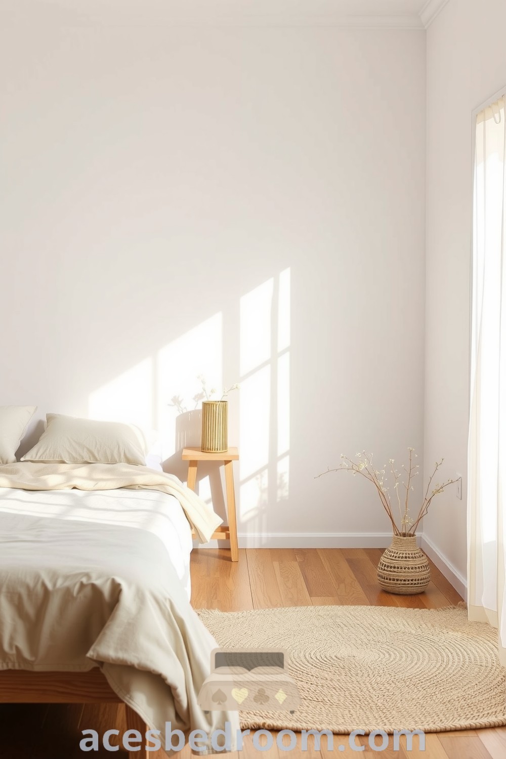 Cozy Japandi bedroom featuring white walls, a wooden bed with natural fiber bedding, warm lighting from a handcrafted lamp, and delicate plants for an inviting atmosphere, showcased on acesbedroom.com.
