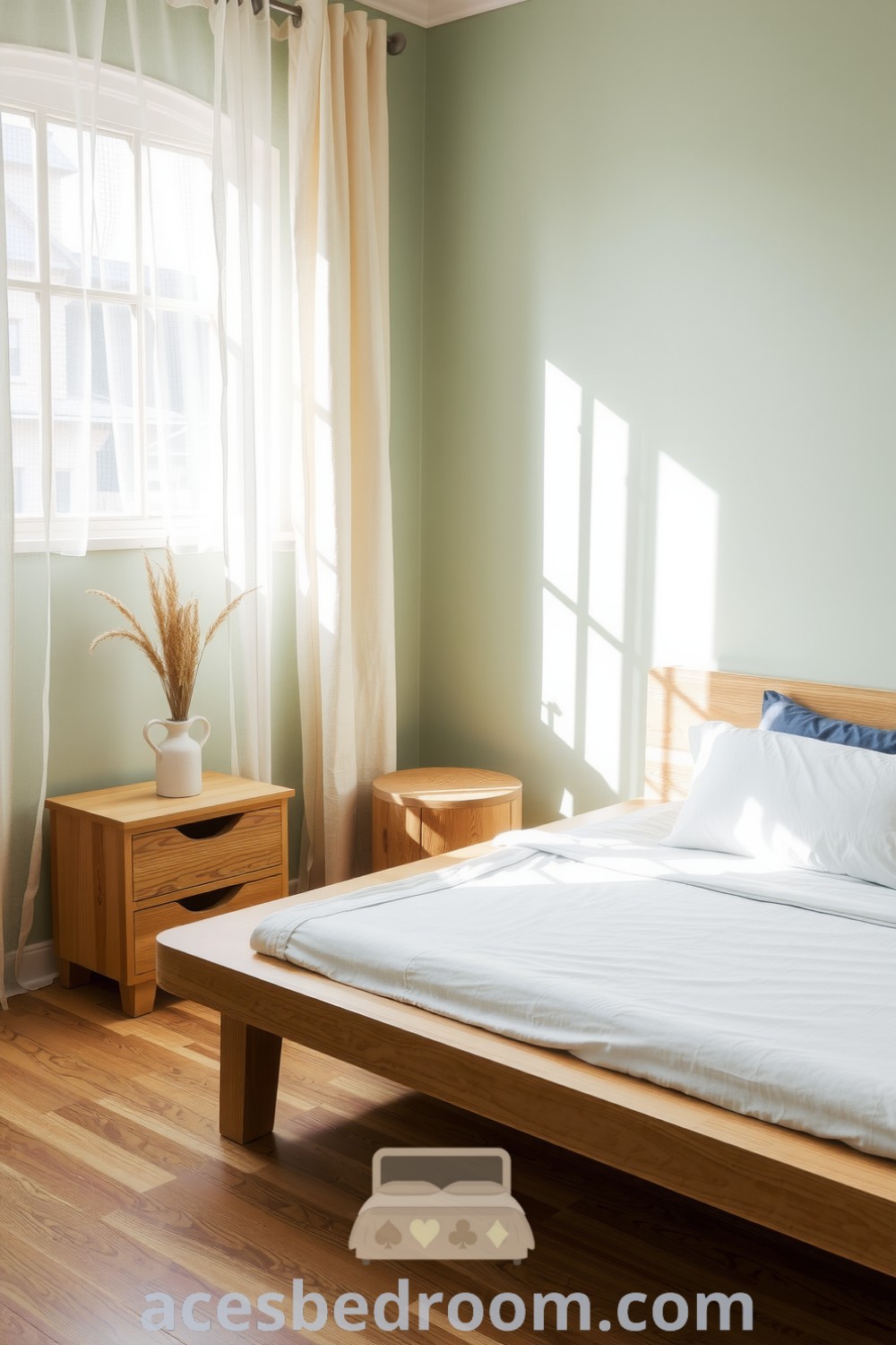 Cozy Japandi bedroom featuring soft greens, light oak platform bed, minimalist nightstand with dried grasses, and natural wood elements, creating an inviting atmosphere for relaxation and reflection, showcased on acesbedroom.com.