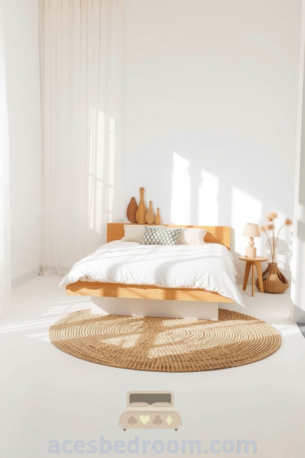 Cozy minimalist bedroom featuring white walls, light oak platform bed with cream duvet, jute rug, and sheer curtains, creating a serene and inviting atmosphere, as seen on acesbedroom.com.