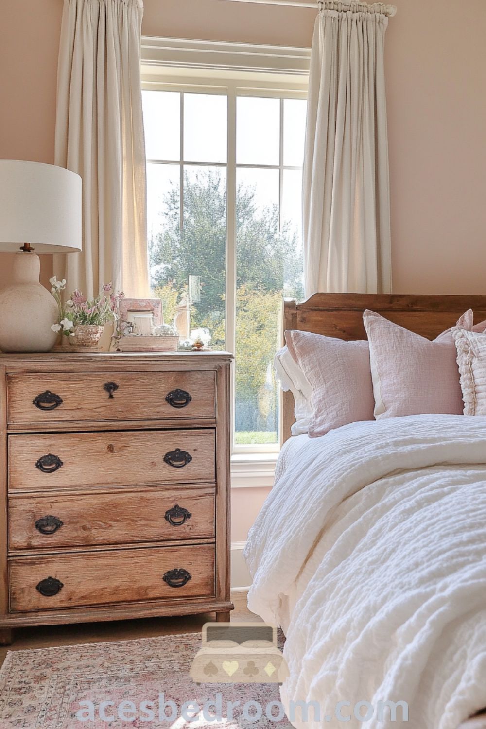 Cozy French country bedroom featuring soft pink walls, a weathered oak bed frame with fluffy white bedding and pastel pillows, an antique dresser with unique trinkets, and a plush area rug, providing a warm and inviting atmosphere, showcased on acesbedroom.com.