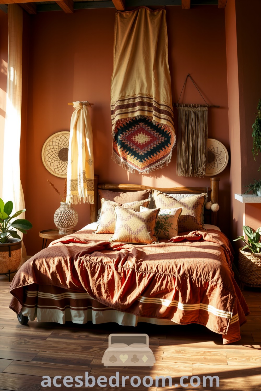 Cozy boho bedroom featuring a handcrafted wooden bed frame, flowing fabric canopies, textured wall hangings, and potted plants, all in warm brown tones and earthy hues for a cozy aesthetic, showcased on acesbedroom.com.