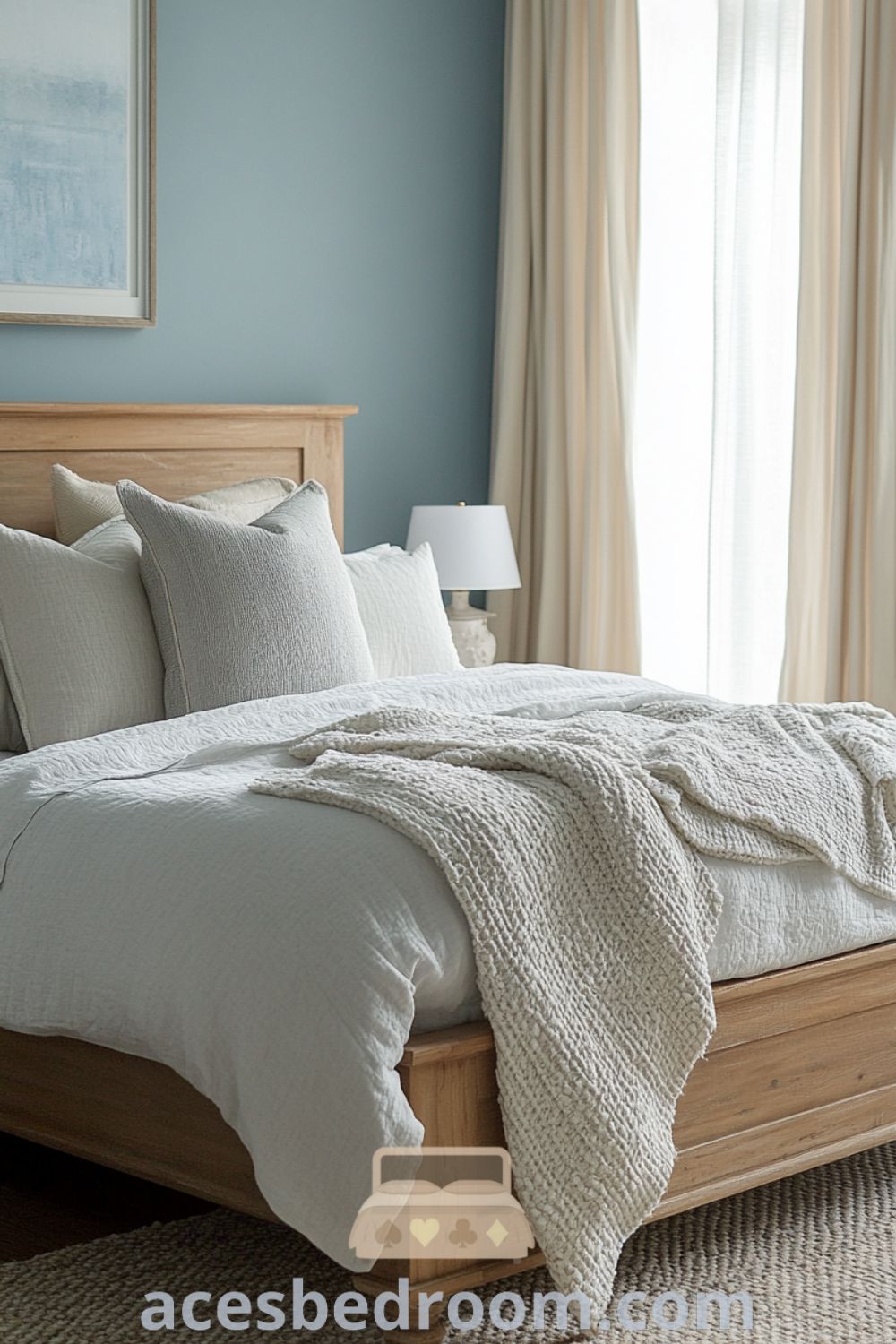 Cozy French country bedroom featuring blue walls, a rustic wooden bed frame, light linen duvet, and textured throw pillows on a handwoven rug. A tranquil design for a warm and sophisticated look, featured on acesbedroom.com.