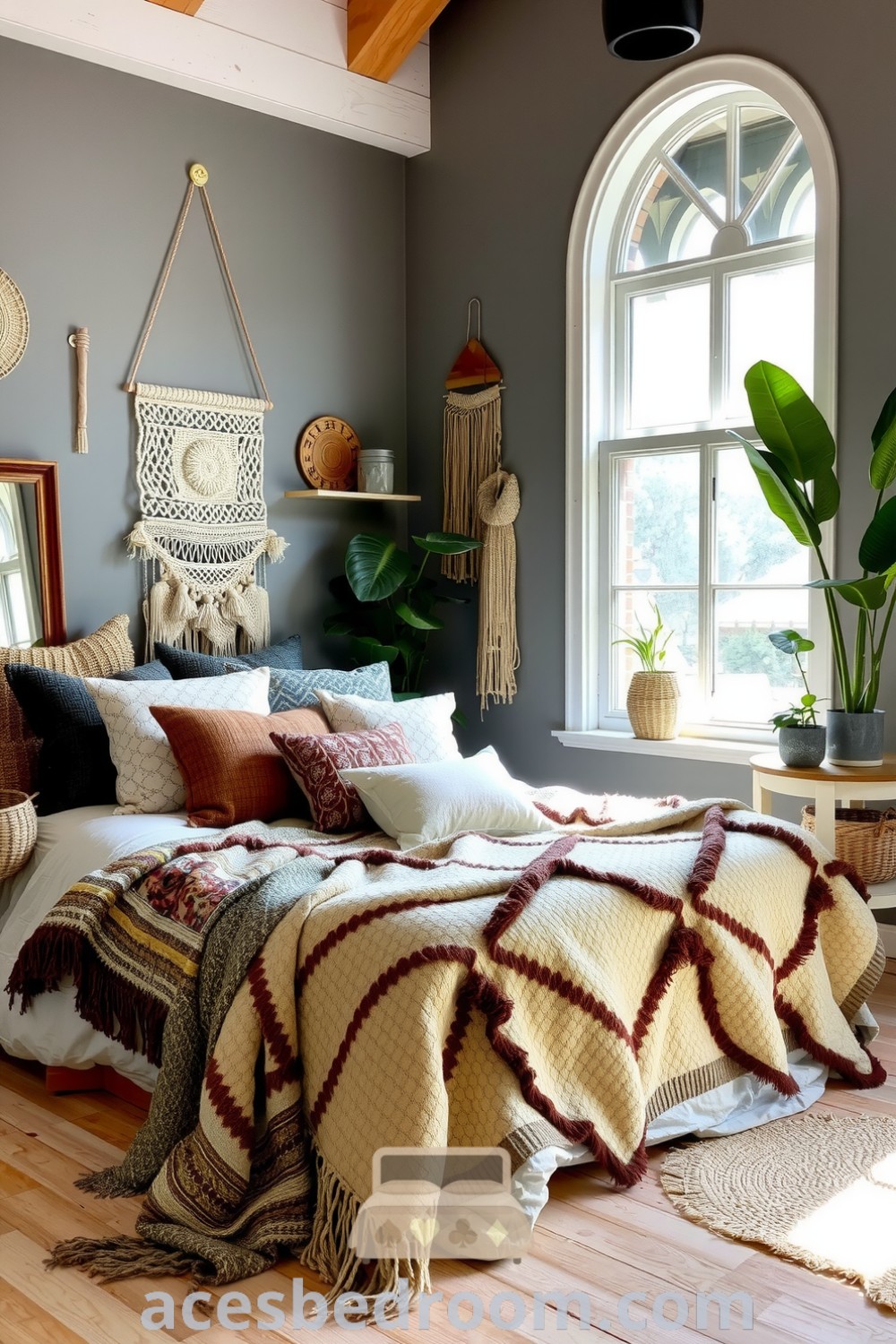 Cozy bohemian bedroom featuring grey walls, an oversized bed layered with patterned throws and mismatched cushions, woven wall hangings, and potted plants, beautifully illuminated by natural light, showcased on acesbedroom.com.