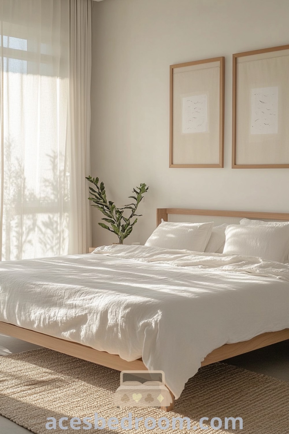 A minimalistic beach bedroom showcasing a white bed next to two framed pictures on the wall, bathed in natural light. This cozy and stylish design embodies effortless decor inspirations for a warm and sophisticated look. Explore more minimal bedroom ideas at acesbedroom.com.