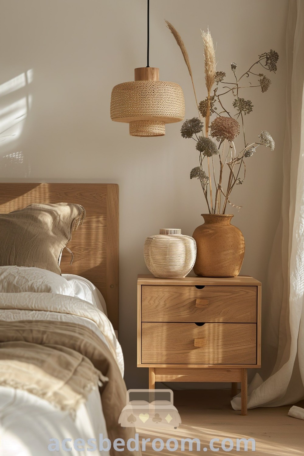 A serene Japandi minimalist bedroom with a neatly made bed and two decorative vases showcasing stylish design ideas. This cozy and inspiring space is perfect for those seeking Japandi bedroom ideas, combining minimal furniture design with elegant decor inspirations. More unique ideas can be found at acesbedroom.com.