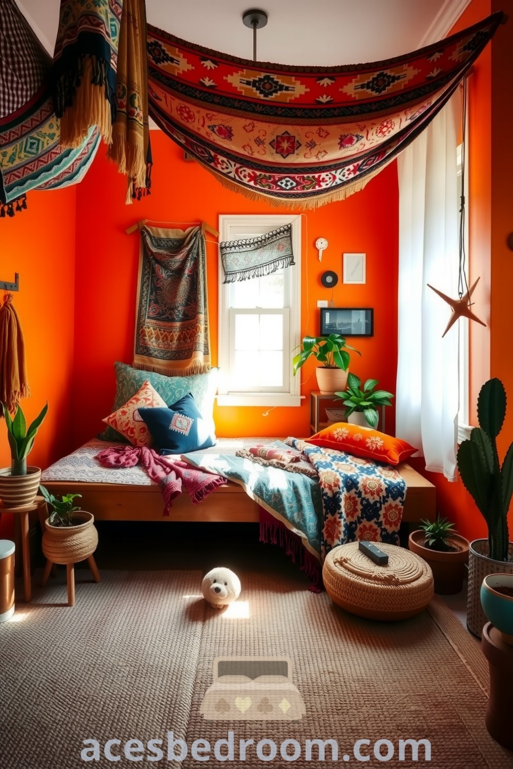 Cozy boho bedroom with sun-kissed orange walls, a low wooden platform bed with mixed patterned throws, vibrant textiles, potted plants, a woven jute rug, and soft light filtering through sheer curtains, showcasing cozy design ideas for a warm and sophisticated look on acesbedroom.com.