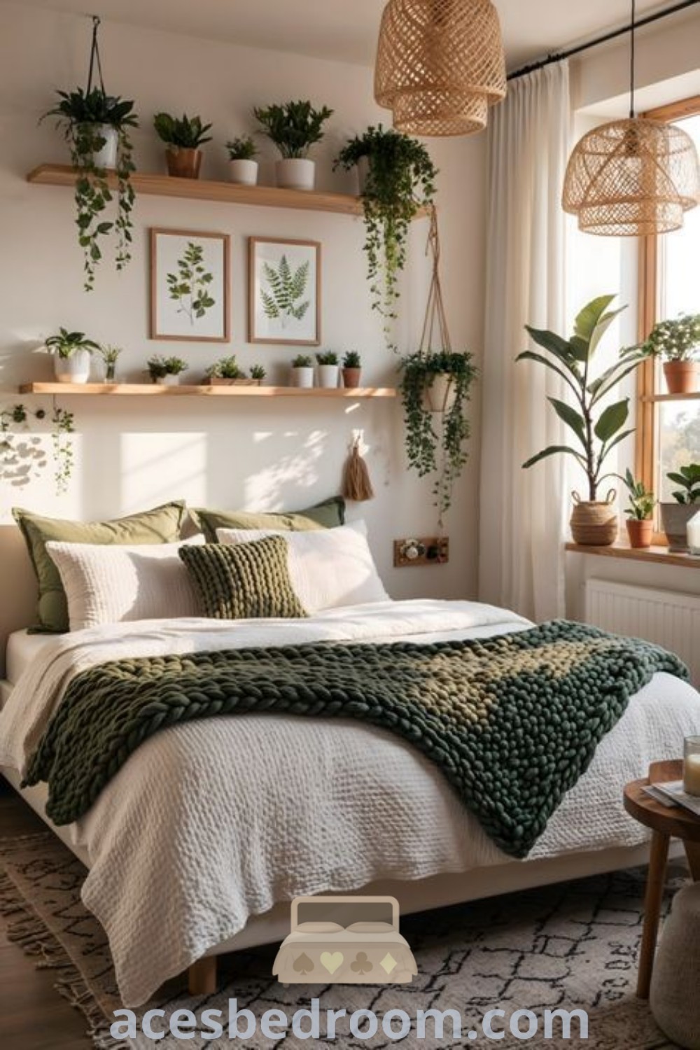 A trendy bedroom showcasing potted plants on shelves and a window, adorned with a white comforter and green accents. This cozy home design features a green and white theme, offering decor inspirations and unique ideas for relaxation and style. Find more ideas for your home at acesbedroom.com.