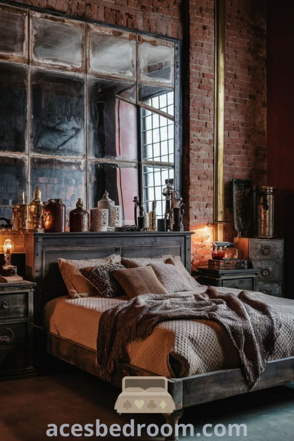 An industrial primary bedroom with a cozy bed by a large window, highlighted by a brick bedroom wall and a dark headboard. This stylish space offers unique industrial bedroom ideas, including mirrors above the bed, creating a warm and inviting atmosphere. Discover more design inspirations at acesbedroom.com.
