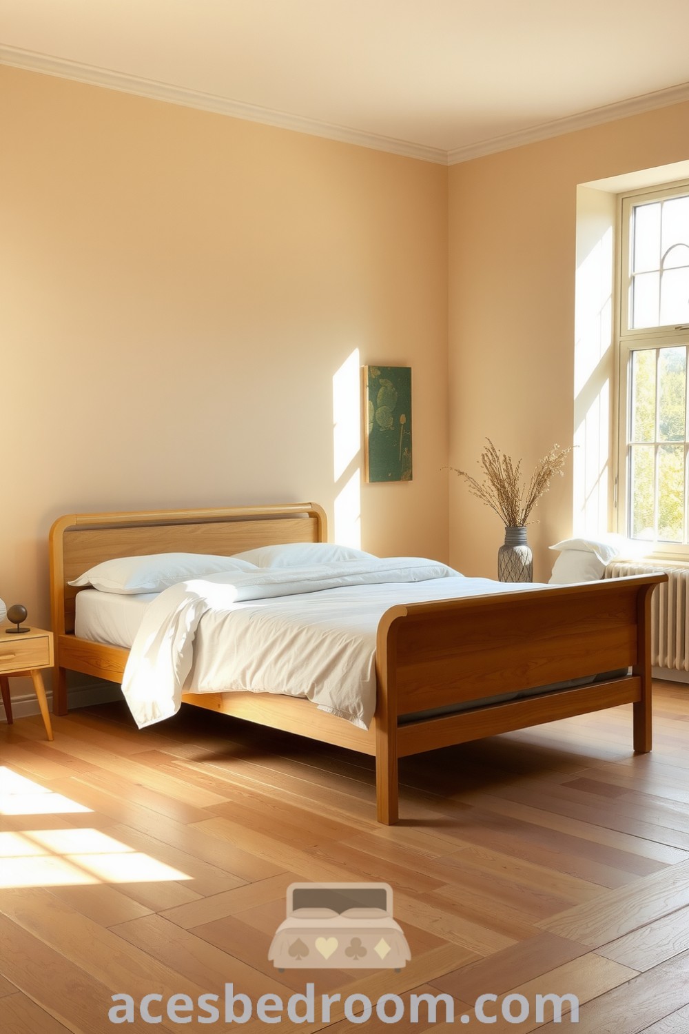 Cozy minimalist bedroom in warm beige featuring a wooden bed frame, soft linen duvet, and natural sunlight illuminating gently worn floorboards, with carefully curated decor pieces for a calming atmosphere, showcased on acesbedroom.com.