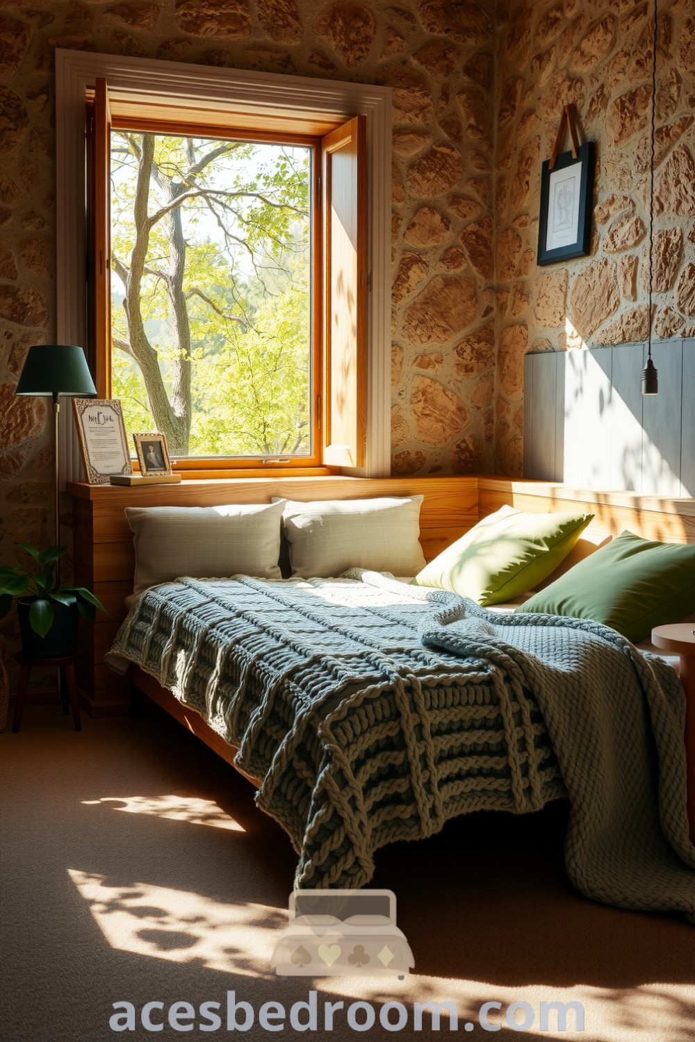 Cozy nature-inspired bedroom showcasing textured stone walls, a handcrafted wooden bed with a chunky knit throw and green-beige cushions, filtered sunlight, and a potted plant, offering tranquil ideas for home decor on acesbedroom.com.