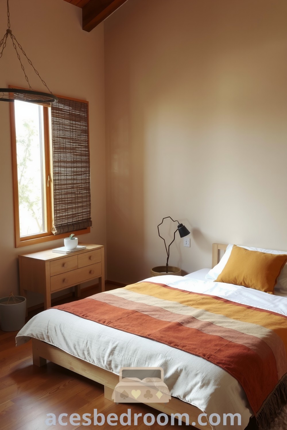 Cozy Japandi bedroom featuring beige walls, low wooden platform bed with a handmade quilt in earth tones, minimalist décor, and potted plants for a tranquil retreat, showcased on acesbedroom.com.