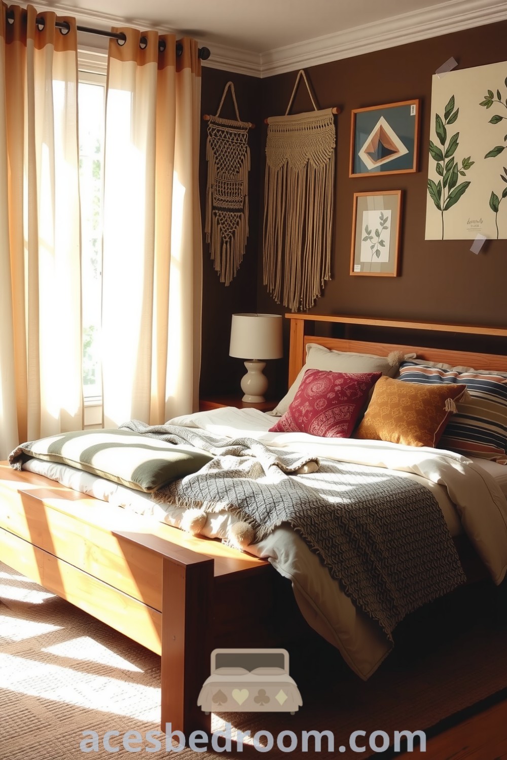 Cozy boho bedroom featuring warm brown tones, a wooden bed with patterned throws and plush pillows, macramé wall décor, a woven rug, and soft light through sheer curtains, designed for a warm and sophisticated look, showcased on acesbedroom.com.