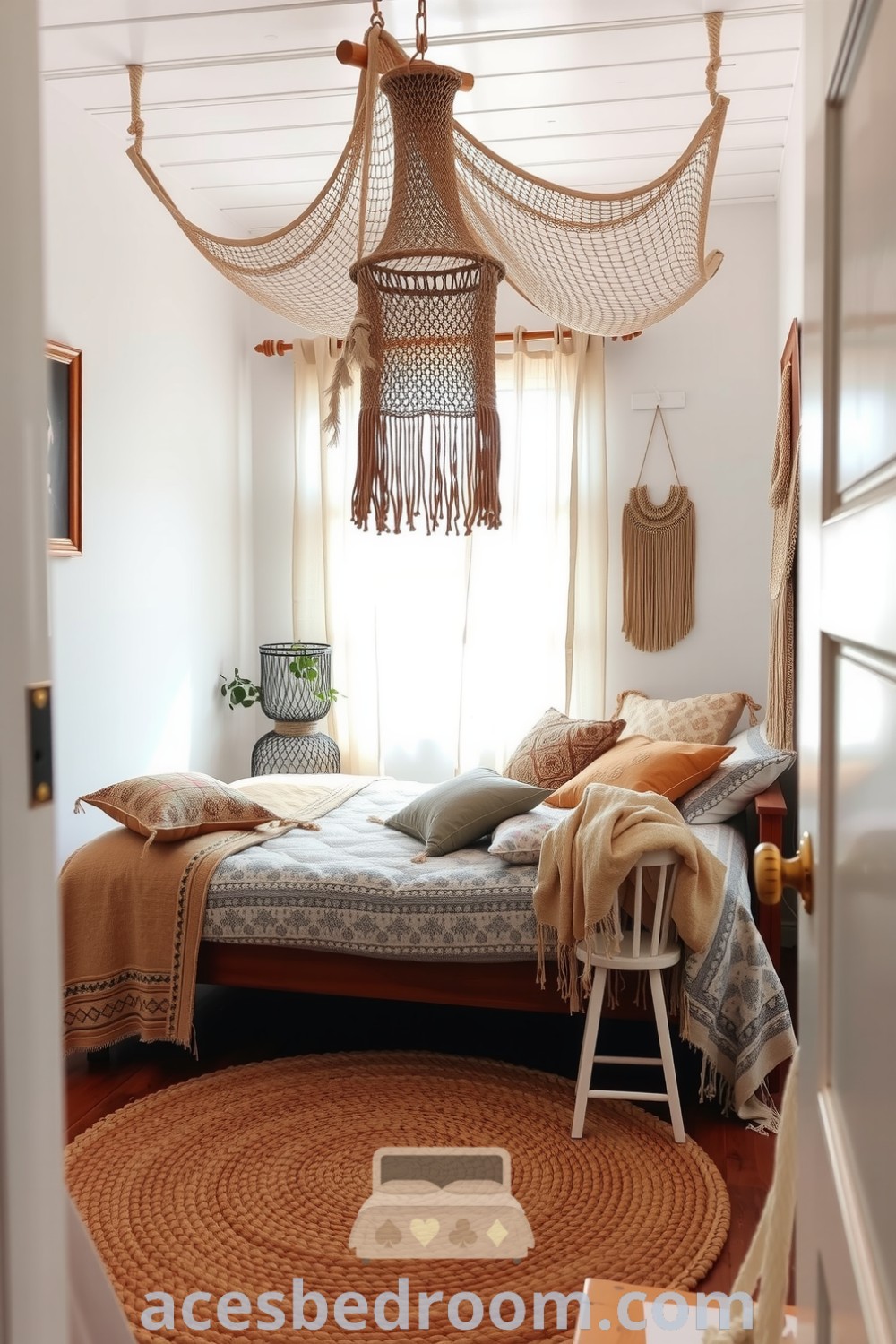 Cozy boho bedroom featuring white walls, a vintage wooden bed frame draped with a patterned quilt and throw pillows, macramé hangings, a woven jute rug, and sunlight filtering through sheer curtains, available on acesbedroom.com.