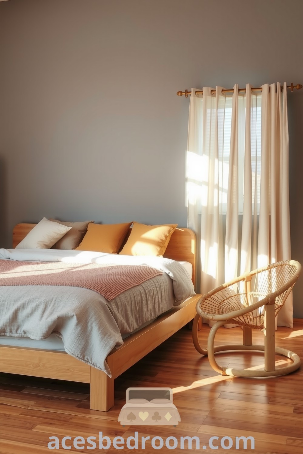Cozy Japandi bedroom featuring soft grey walls, light oak bed frame, textured linen duvet, earthy cushions, rattan chair, and sheer curtains, showcasing a tranquil, minimalist design that invites relaxation, found on acesbedroom.com.