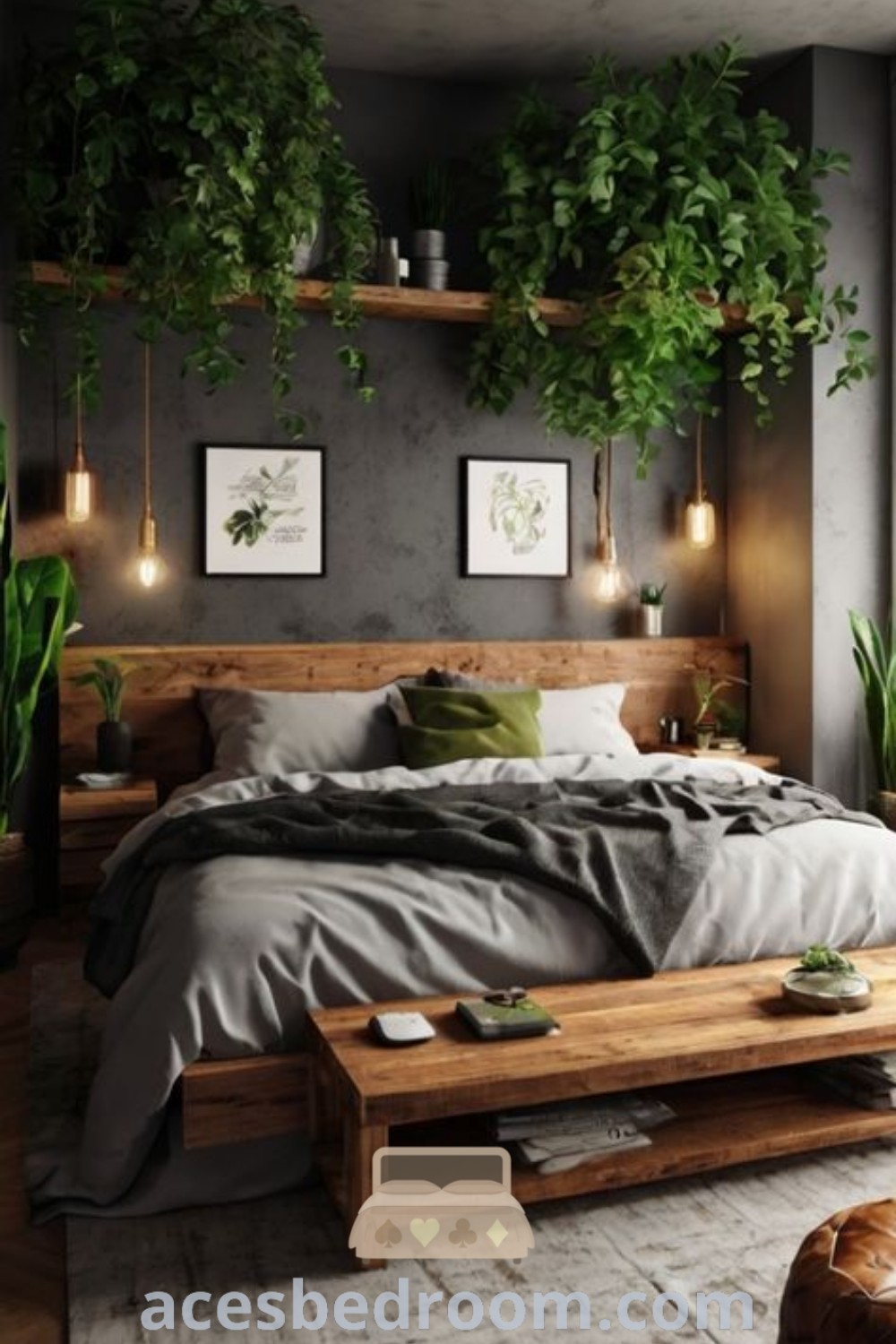 A cozy bedroom showcasing a wooden bed with hanging plants above, featuring rustic brown tones and eco-friendly decor ideas for an earthy and inviting space. Perfect for those looking to create a warm and sophisticated look in their home, this design offers stylish inspirations for a serene atmosphere, as seen on acesbedroom.com.