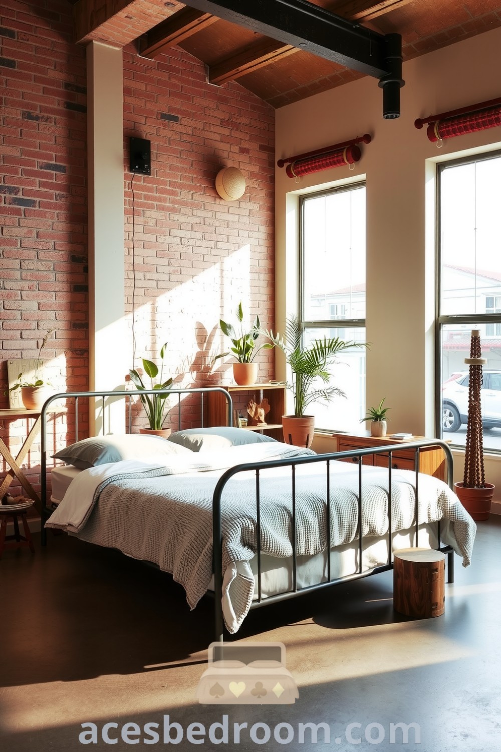 Cozy industrial bedroom featuring beige walls, exposed brick, a sturdy metal bed frame with textured bedding, wooden accents, a vintage stool, large windows for natural light, and potted greens, designed for a warm and sophisticated look, showcased on acesbedroom.com.