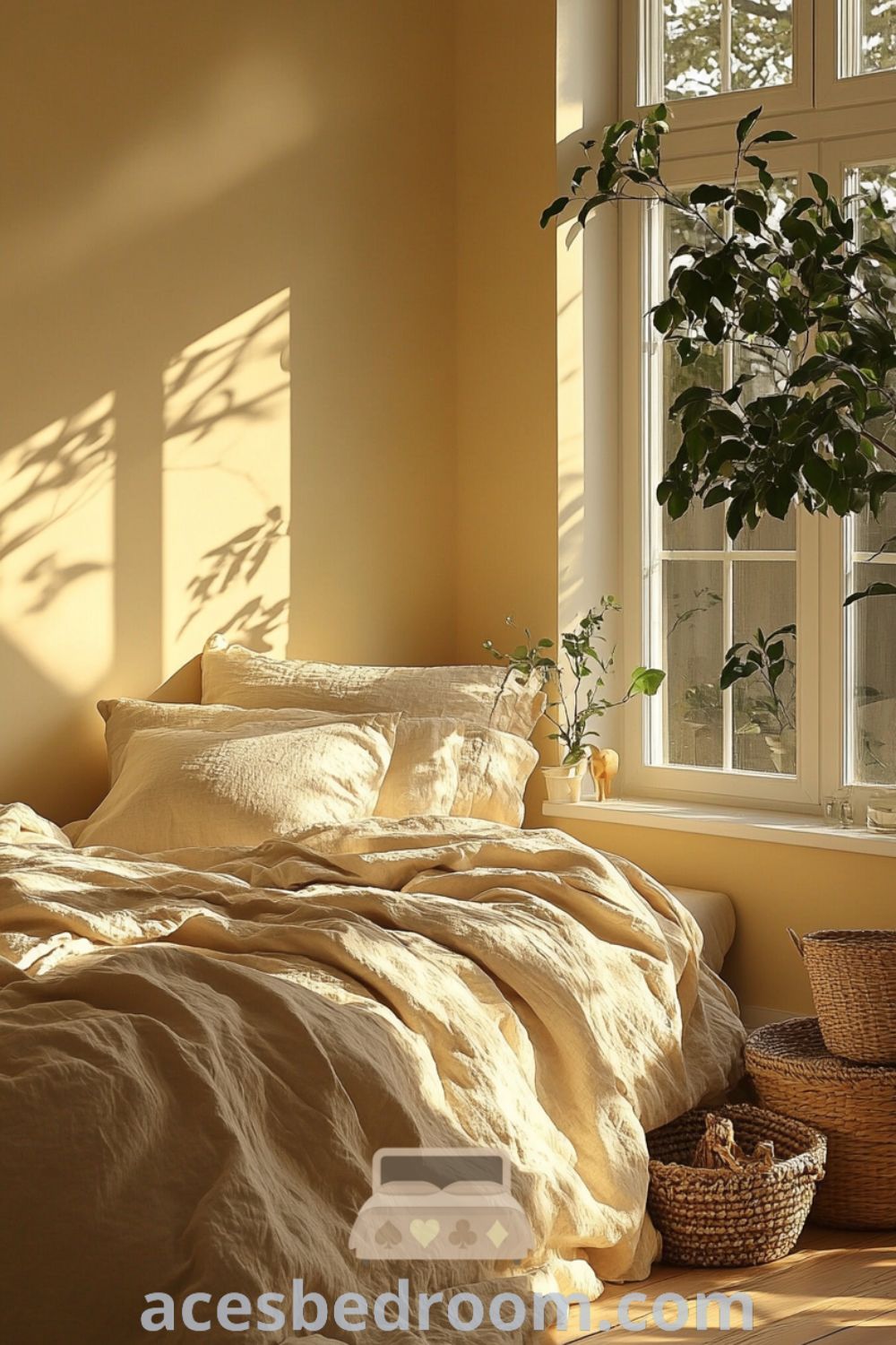 Cozy Scandinavian bedroom featuring soft yellow walls, simple wooden furniture, a light linen duvet, and handwoven baskets, enhanced by natural sunlight, providing design ideas for a warm and sophisticated look, available on acesbedroom.com.